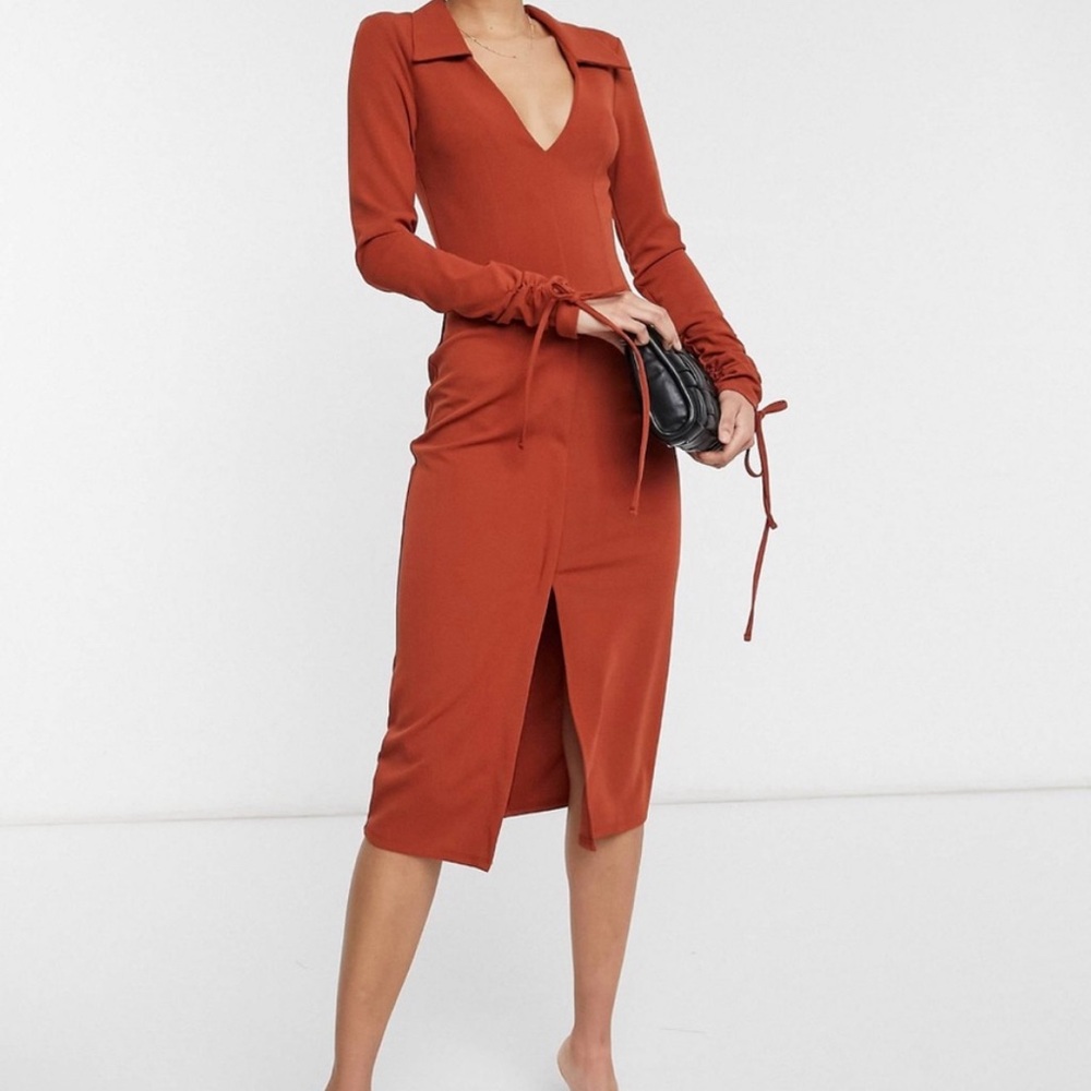 ASOS Shirt Plunge Dress with Cuff Ties in Rust